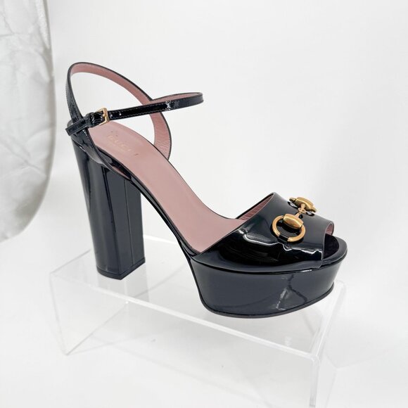 Gucci Claudie Horsebit Platform Heels Black Patent Leather Size 38 US 8 Sandals - Picture 8 of 13